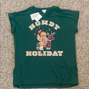 LuLaRoe Green 'Howdy Holiday' Tee with Gingerbread Design